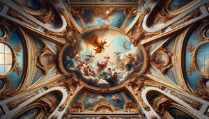 Fresque mythologique de plafond Belle Époque, style académique français, divinités Apollo Vénus Bacchus, dorures et stucs ornementaux