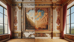 Comparaison détaillée entre fresque murale d'origine patinée et repeint restauré dans un hôtel historique classé
