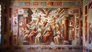 Fresque murale antique de Pompéi du 1er siècle représentant un rituel mythologique secret au style pictural romain authentique