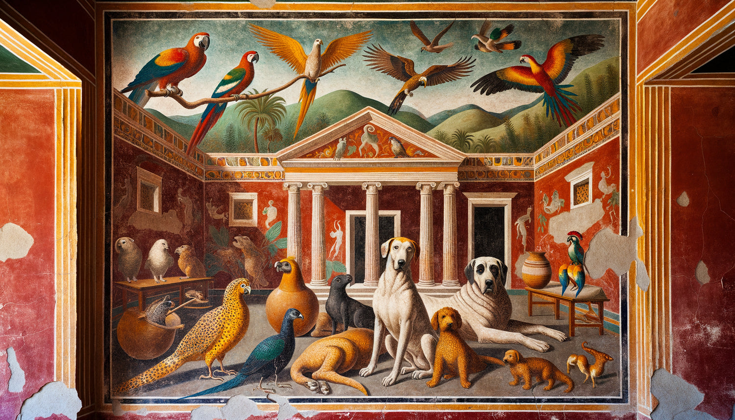 Fresque murale pompéienne antique représentant des animaux domestiques romains : chien de garde, oiseaux exotiques et serpent sacré