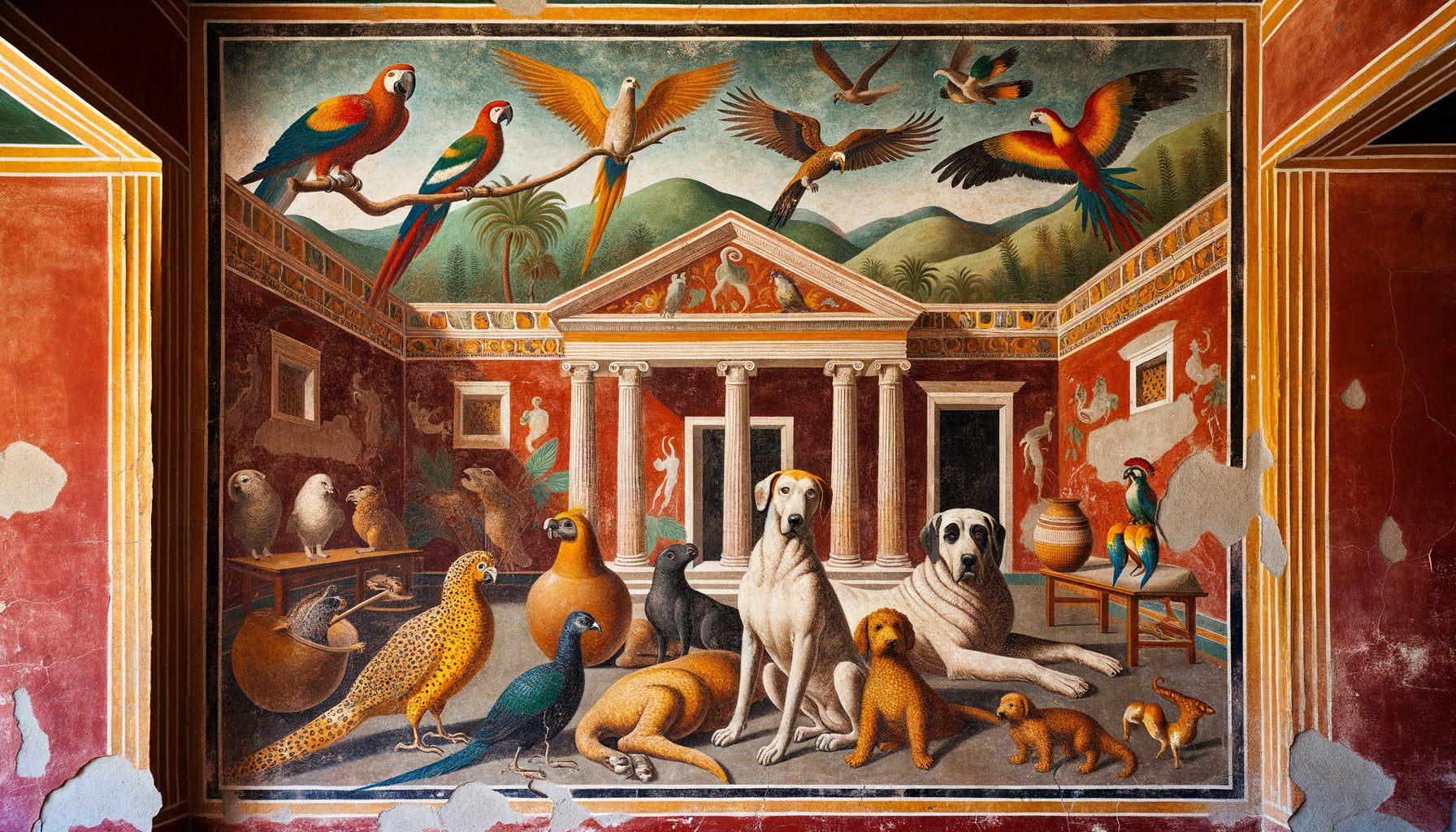 Fresque murale pompéienne antique représentant des animaux domestiques romains : chien de garde, oiseaux exotiques et serpent sacré