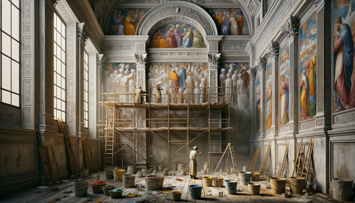 Atelier de fresque Renaissance montrant la technique monochrome versus polychrome sur enduit frais, comparaison des processus de séchage