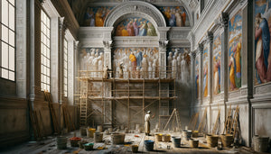 Atelier de fresque Renaissance montrant la technique monochrome versus polychrome sur enduit frais, comparaison des processus de séchage