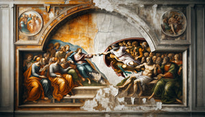 Fresque Renaissance XVIe siècle avec zone de repeint au chrome XIXe siècle, contraste visible entre pigments authentiques et modernes