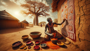 Artisan sahélien peignant une fresque murale traditionnelle avec sève de baobab et pigments minéraux