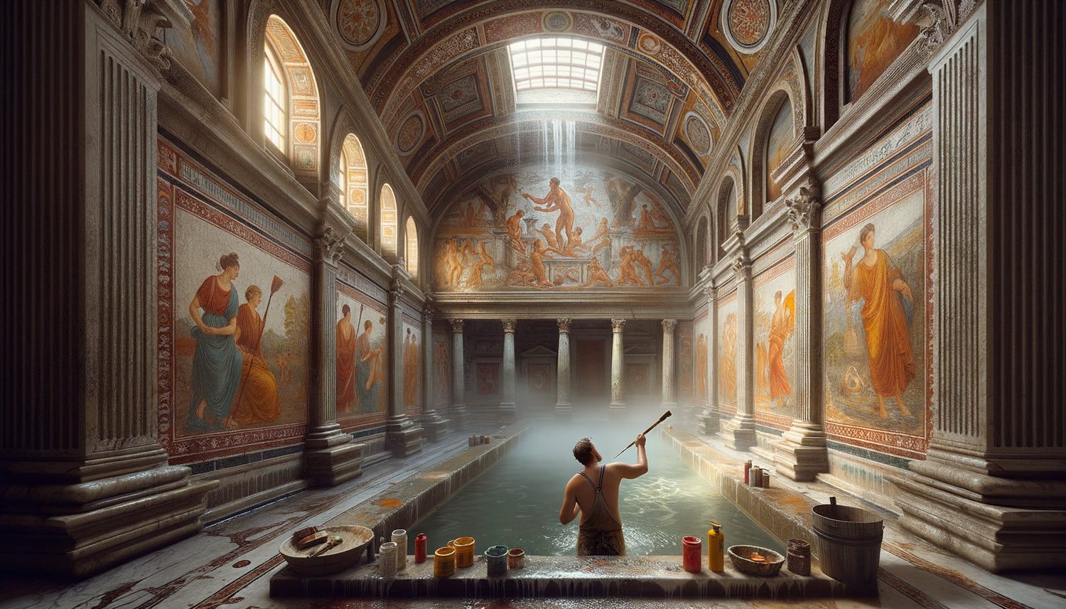 Fresque murale romaine antique dans thermes, technique du buon fresco sur enduit humide, style pompéien authentique