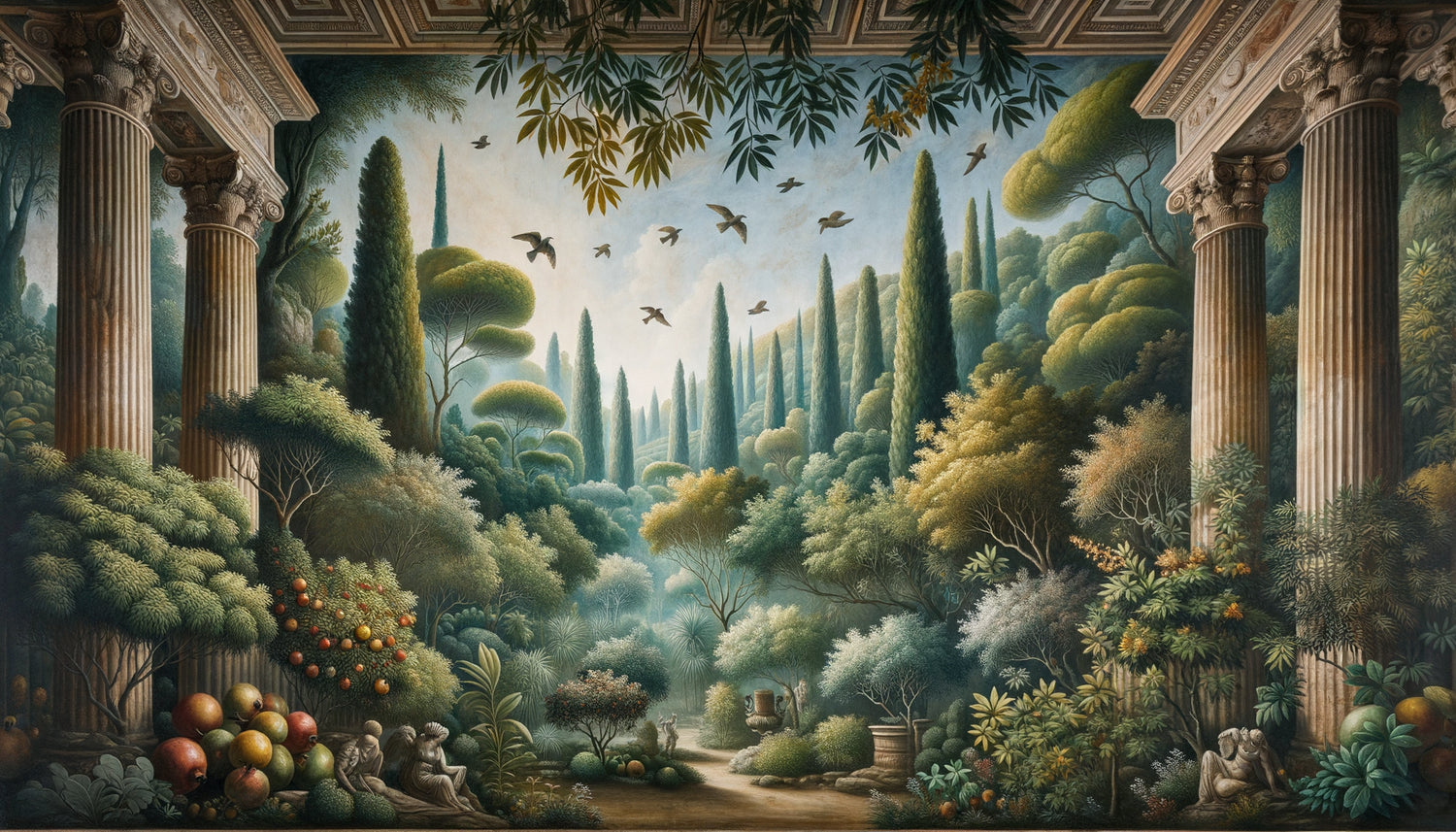 Fresque romaine antique de la Villa Livia montrant la perspective atmosphérique : jardin luxuriant avec dégradé de verts intenses vers tons bleutés