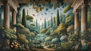 Fresque romaine antique de la Villa Livia montrant la perspective atmosphérique : jardin luxuriant avec dégradé de verts intenses vers tons bleutés