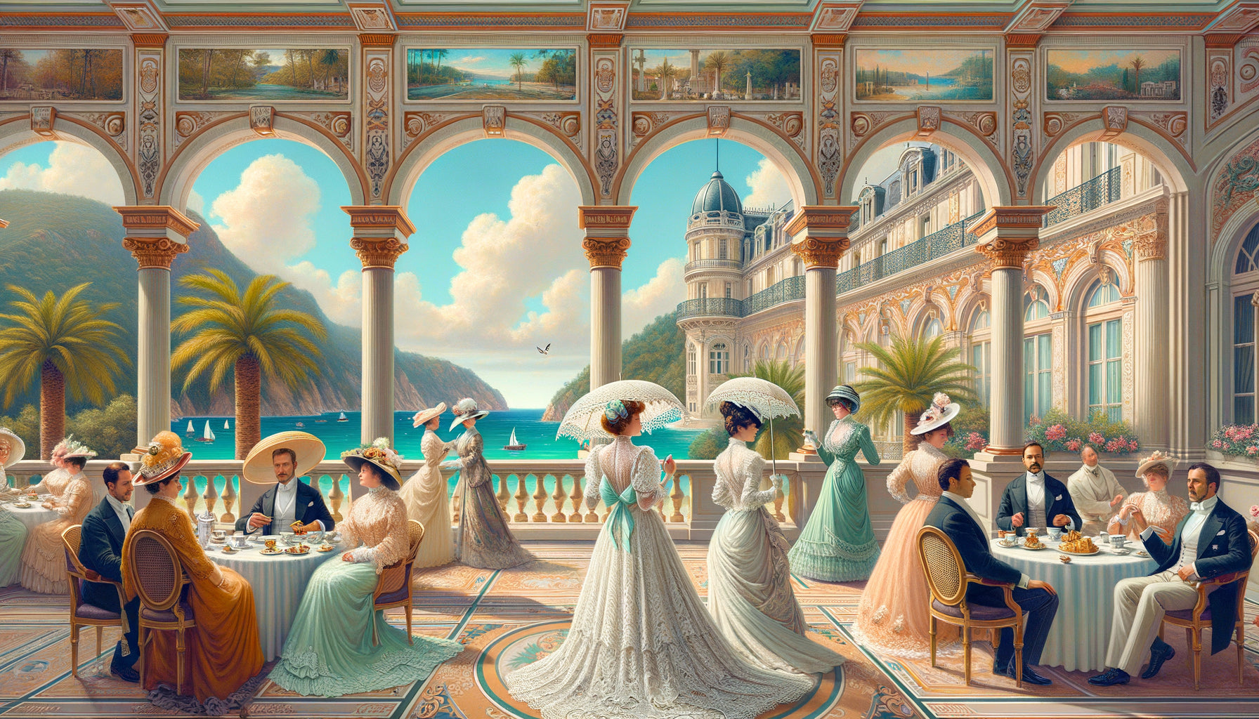 Fresque murale Belle Époque dans palace montrant scène de villégiature aristocratique avec dames élégantes et jardins méditerranéens