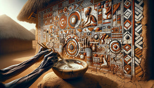Fresque murale africaine ancestrale aux pigments naturels sur mur d'argile, motifs géométriques traditionnels en ocre et blanc