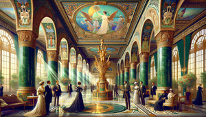 Hall de palace Belle Époque avec fresques murales Art Nouveau monumentales inspirées des expositions universelles vers 1900