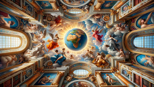 Fresque baroque de plafond représentant les allégories des continents et le savoir universel dans une bibliothèque royale du 17e siècle
