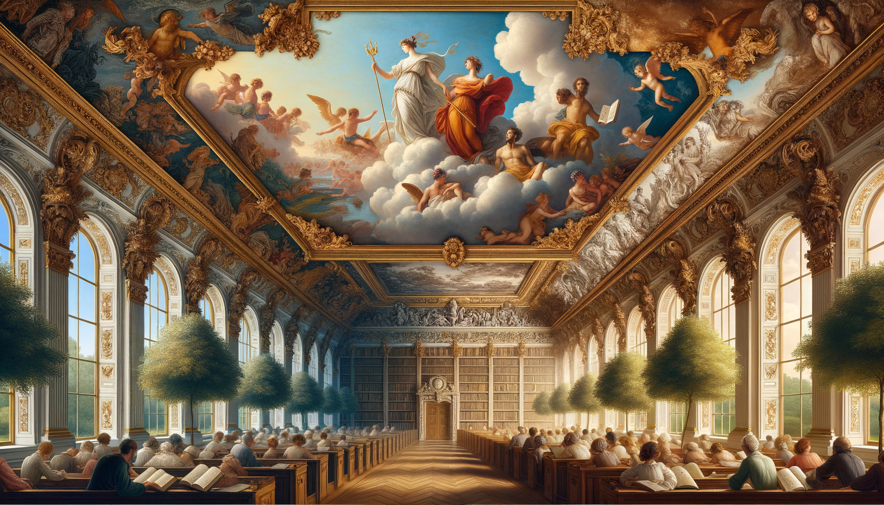 Comparaison fresques baroques bibliothèques royales mythologiques versus décors champêtres pédagogiques bibliothèques publiques 17ème-19ème siècle