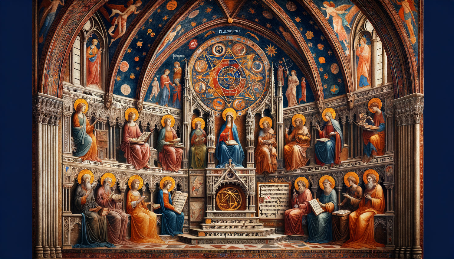 Fresque médiévale des sept arts libéraux dans bibliothèque universitaire du 14e siècle, organisation cosmique du savoir scolastique