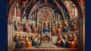 Fresque médiévale des sept arts libéraux dans bibliothèque universitaire du 14e siècle, organisation cosmique du savoir scolastique