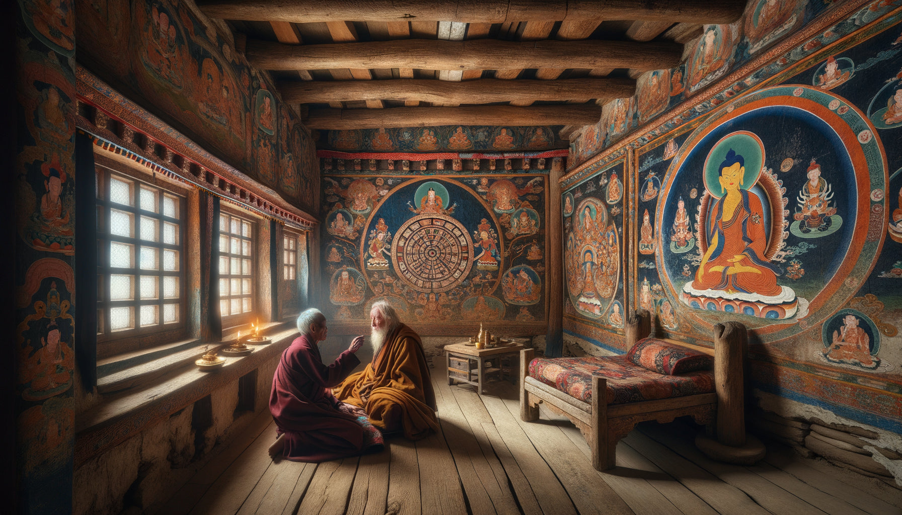 Intérieur d'hospice tibétain traditionnel avec fresques bouddhistes murales guidant un mourant accompagné d'un moine