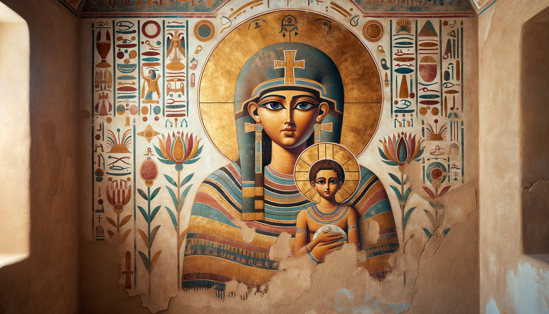 Fresque murale copte du Fayoum montrant influences pharaoniques avec regards hiératiques et palette ocre du Nil