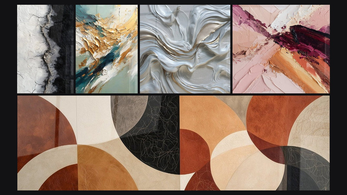 Mosaic of five paintings, including Golden Flux and Reflux and Abstract swirls white pearlescent and gold