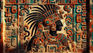 Fresque maya d'Ek' Balam avec hiéroglyphes noirs contrastant sur fond coloré, période classique 700-900 apr. J.-C.