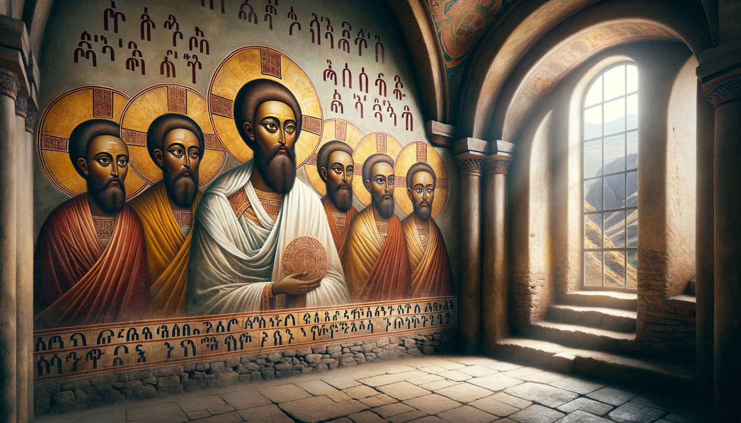 Fresque murale éthiopienne orthodoxe d'Entoto fin 19ème siècle, style iconographique traditionnel avec influence de l'empereur Ménélik II