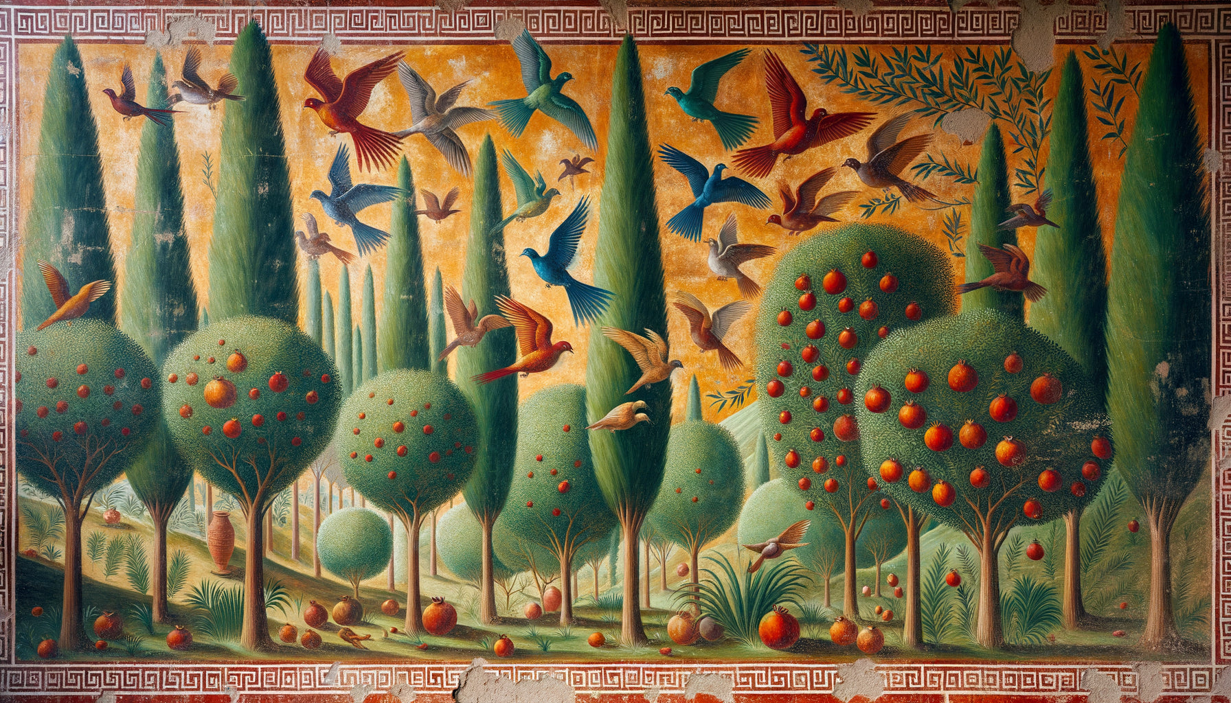 Fresque étrusque antique représentant un jardin funéraire avec cyprès, grenadiers et oiseaux multicolores aux pigments vibrants
