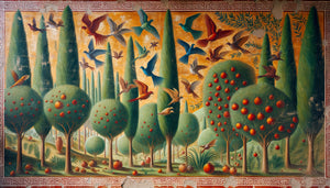 Fresque étrusque antique représentant un jardin funéraire avec cyprès, grenadiers et oiseaux multicolores aux pigments vibrants