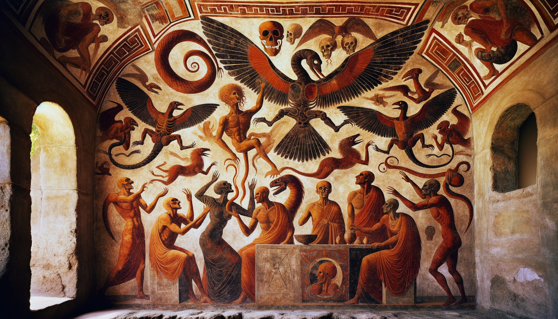Fresque étrusque antique du IVe siècle av. J.-C. montrant créatures mythologiques et symboles funéraires aux couleurs ocre rouge et noir