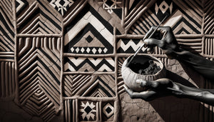 Femme Gurunsi peignant des motifs géométriques traditionnels sur mur de terre, Burkina Faso, artisanat rituel africain