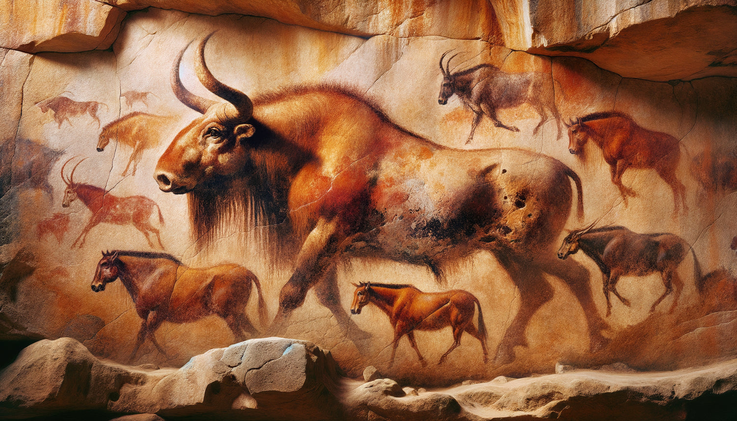 Fresque animalière authentique style Lascaux, aurochs et chevaux en ocre sur paroi calcaire, art magdalénien 17 000 ans