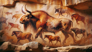 Fresque animalière authentique style Lascaux, aurochs et chevaux en ocre sur paroi calcaire, art magdalénien 17 000 ans