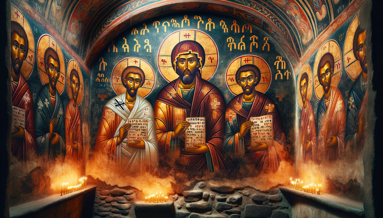 Fresque médiévale éthiopienne du monastère de Haïq, iconographie orthodoxe traditionnelle aux couleurs éclatantes, saints aux grands yeux stylisés