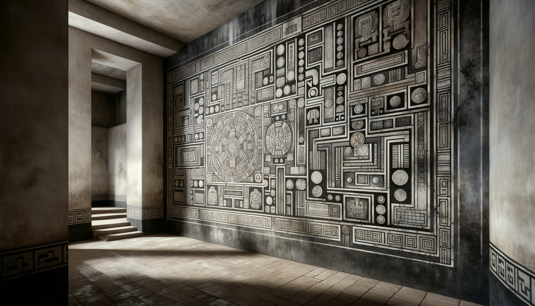 Fresque murale monochrome mixtèque de Tlaxiaco montrant le système de codage généalogique précolombien par variations tonales et densités