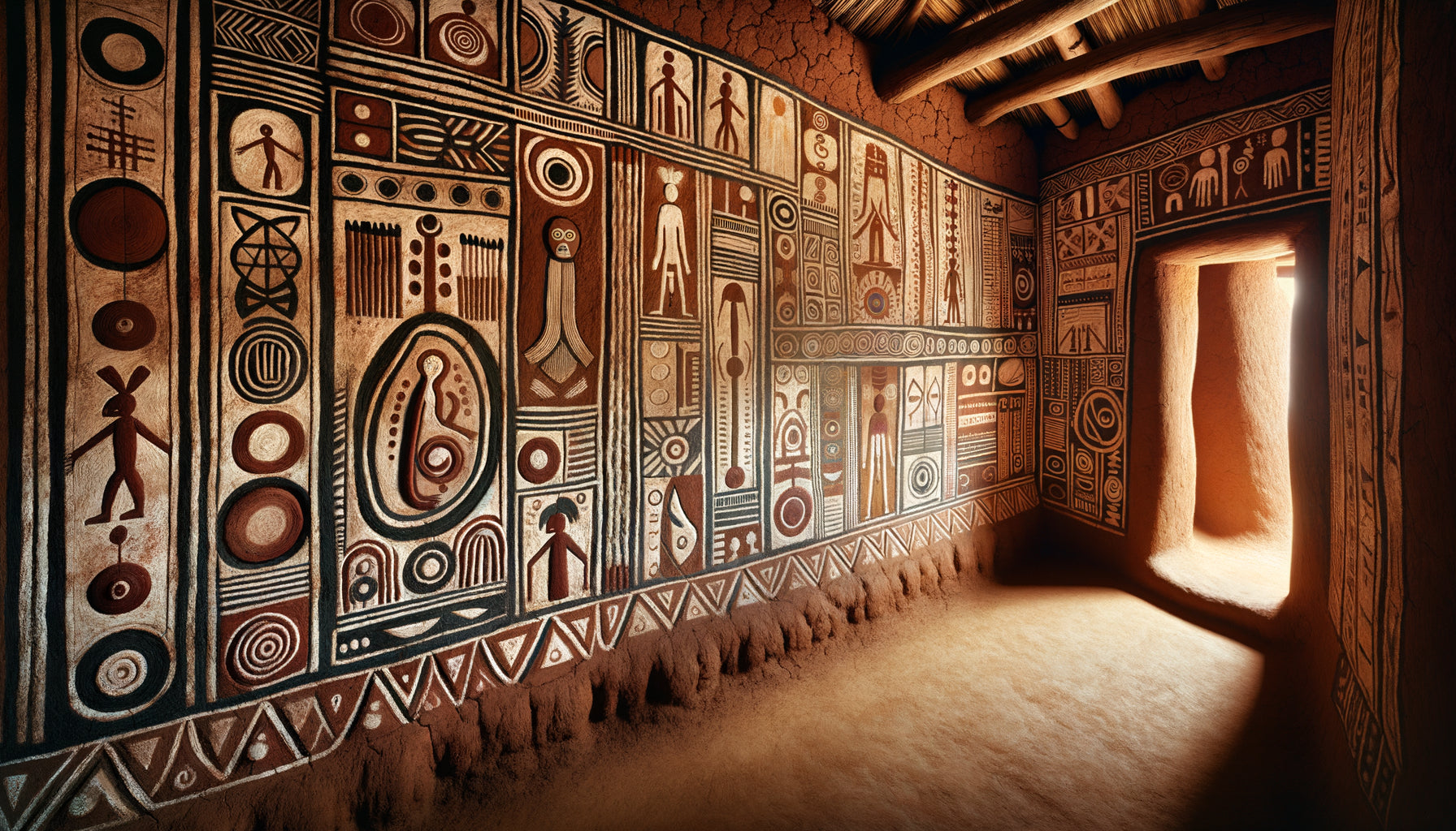 Fresque narrative traditionnelle Nyanga sur mur d'argile avec pigments naturels et symbolisme initiatique complexe, Gabon