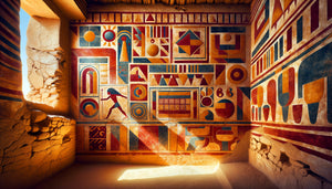 Fresque murale nubienne antique aux motifs géométriques colorés, technique au gypse et pigments minéraux résistant au climat désertique