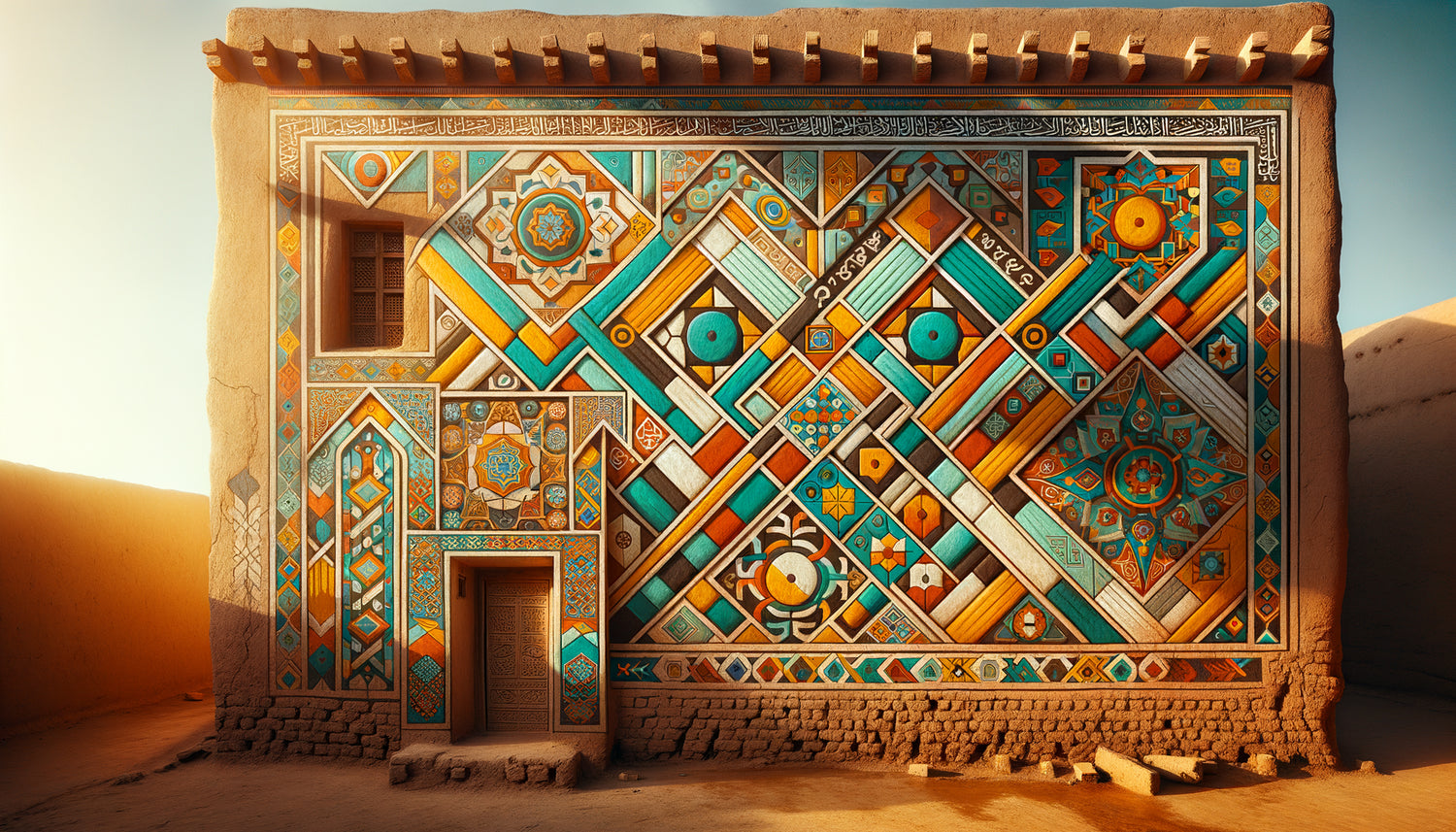 Fresque polychrome géométrique traditionnelle sur mur de mosquée soudanaise avec pigments naturels vifs