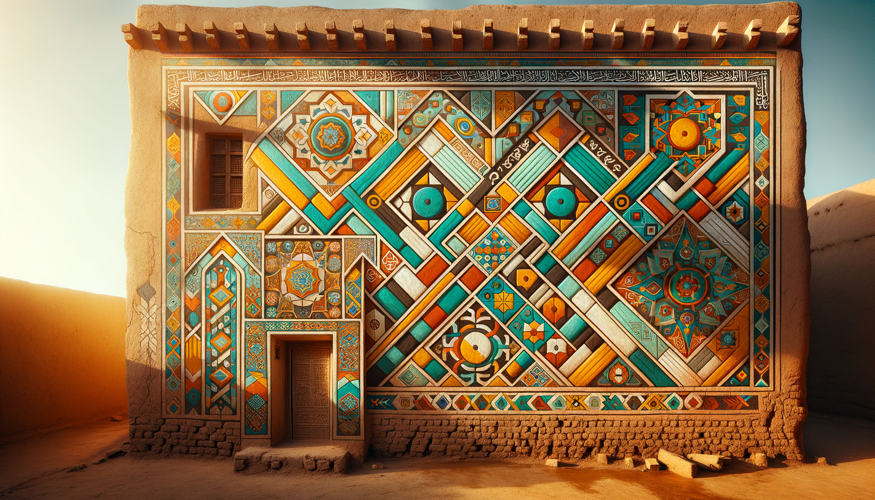 Fresque polychrome géométrique traditionnelle sur mur de mosquée soudanaise avec pigments naturels vifs