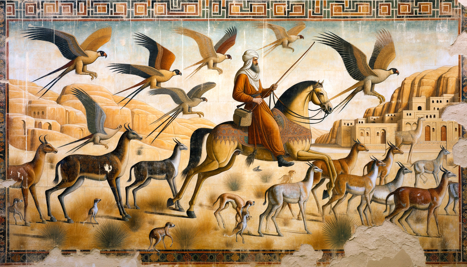 Fresque omeyyade du VIIIe siècle de Qasr al-Hayr représentant une scène de chasse califale syrienne avec cavaliers et faucons