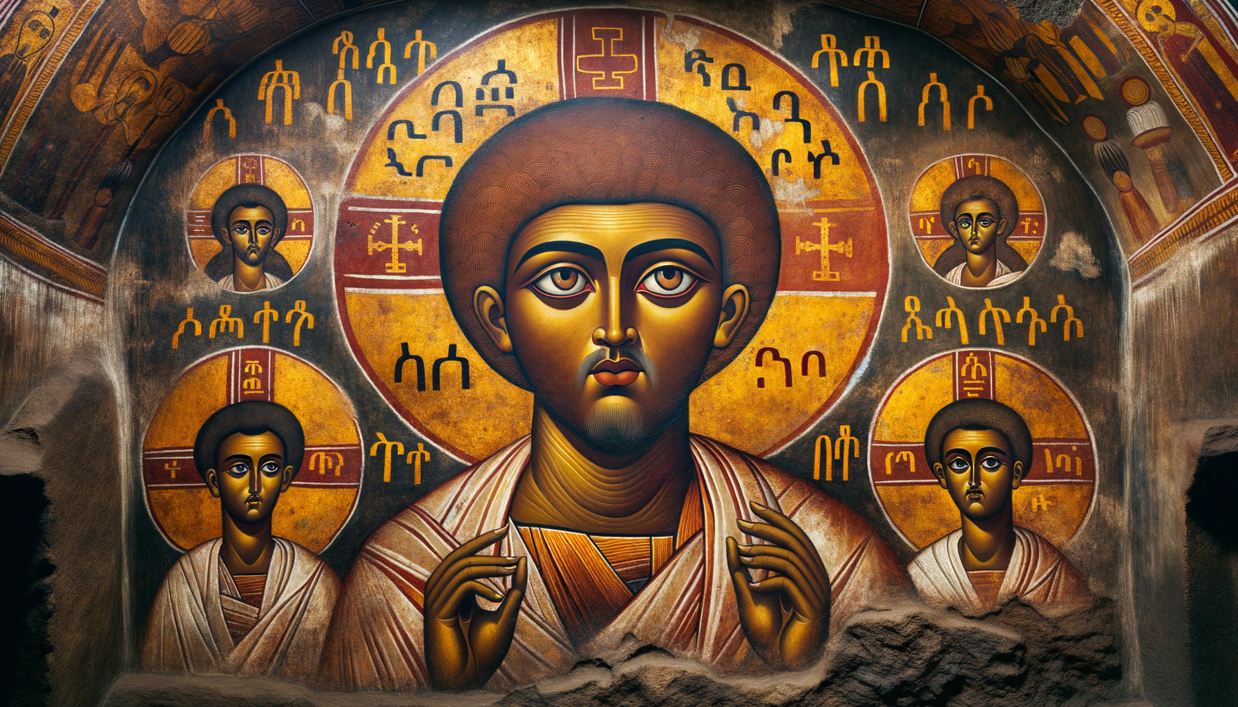 Fresque murale éthiopienne orthodoxe traditionnelle avec visages aux grands yeux mystiques et pigments naturels vibrants sur pierre