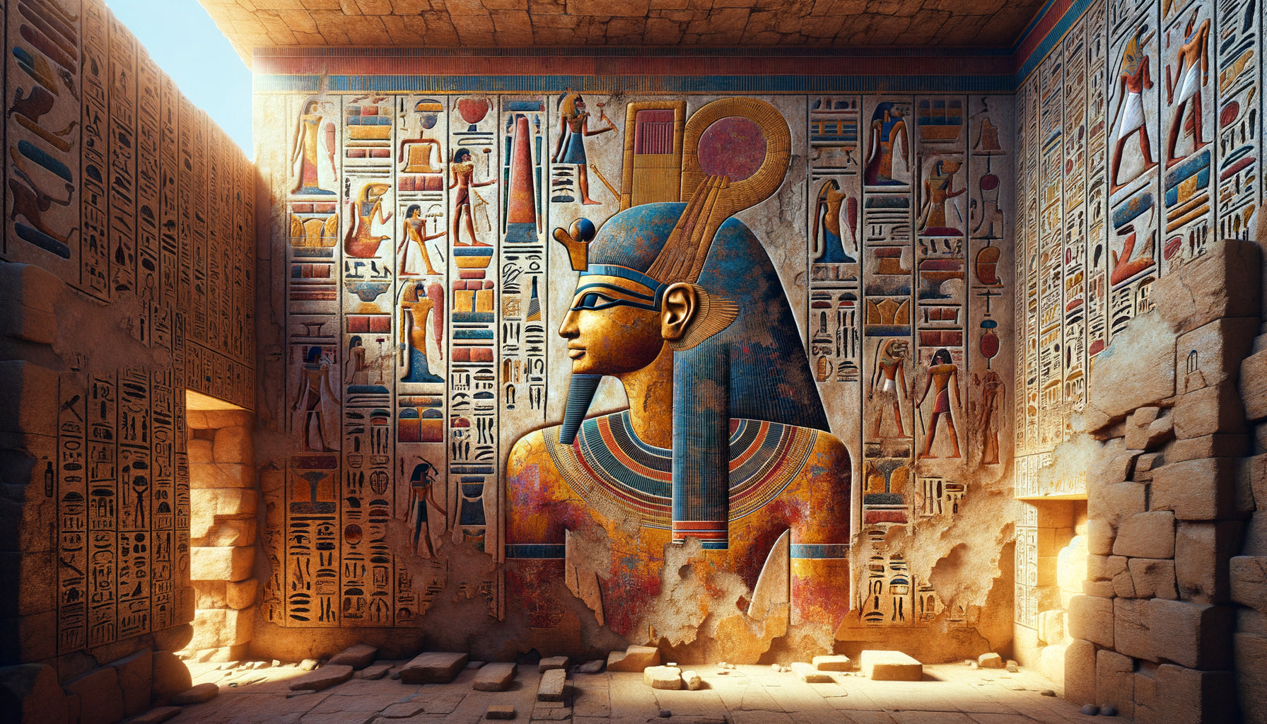 Fresque antique du royaume de Méroé montrant divinités syncrétiques égyptiennes et nubiennes, art sacré kouchite