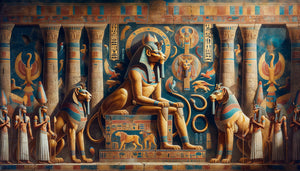 Fresque murale antique nubienne montrant Apedemak le dieu-lion à trois têtes, sphinx africains et créatures hybrides sacrées, style méroïtique