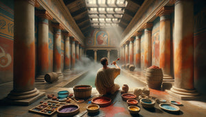 Artisan romain appliquant des pigments sur enduit frais dans les thermes antiques, technique de fresque a fresco avec mortier hydraulique à la pouzzolane