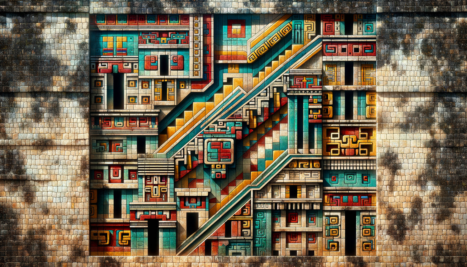 Fresque maya antique d'Uxmal avec lignes noires délimitant les espaces architecturaux peints, motifs géométriques et masques de Chaac