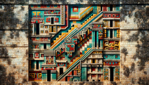 Fresque maya antique d'Uxmal avec lignes noires délimitant les espaces architecturaux peints, motifs géométriques et masques de Chaac