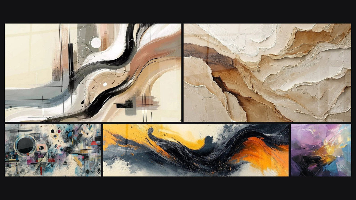 Mosaico di cinque quadri, tra cui Scia Astratto, Astratto Beige e Terra e Composizione astratta geometrica di