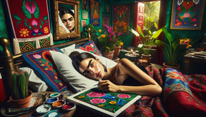 Autoportrait dans le style de Frida Kahlo montrant l'artiste peignant son reflet dans un miroir au-dessus de son lit