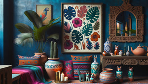 Décoration murale inspirée de l'univers de Frida Kahlo avec couleurs mexicaines vibrantes, motifs botaniques tropicaux et céramiques folkloriques authentiques