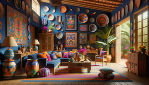 Décoration intérieure style Frida Kahlo avec murs bleus vibrants, motifs floraux mexicains et décor maximaliste authentique