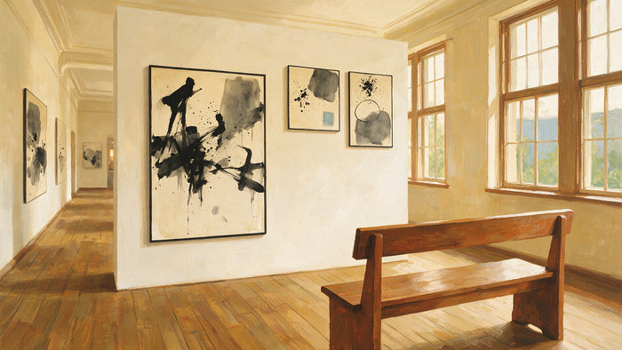 Une salle de galerie lumineuse, dans un ancien bâtiment scolaire, avec de grandes peintures abstraites noir et blanc accrochées au mur.