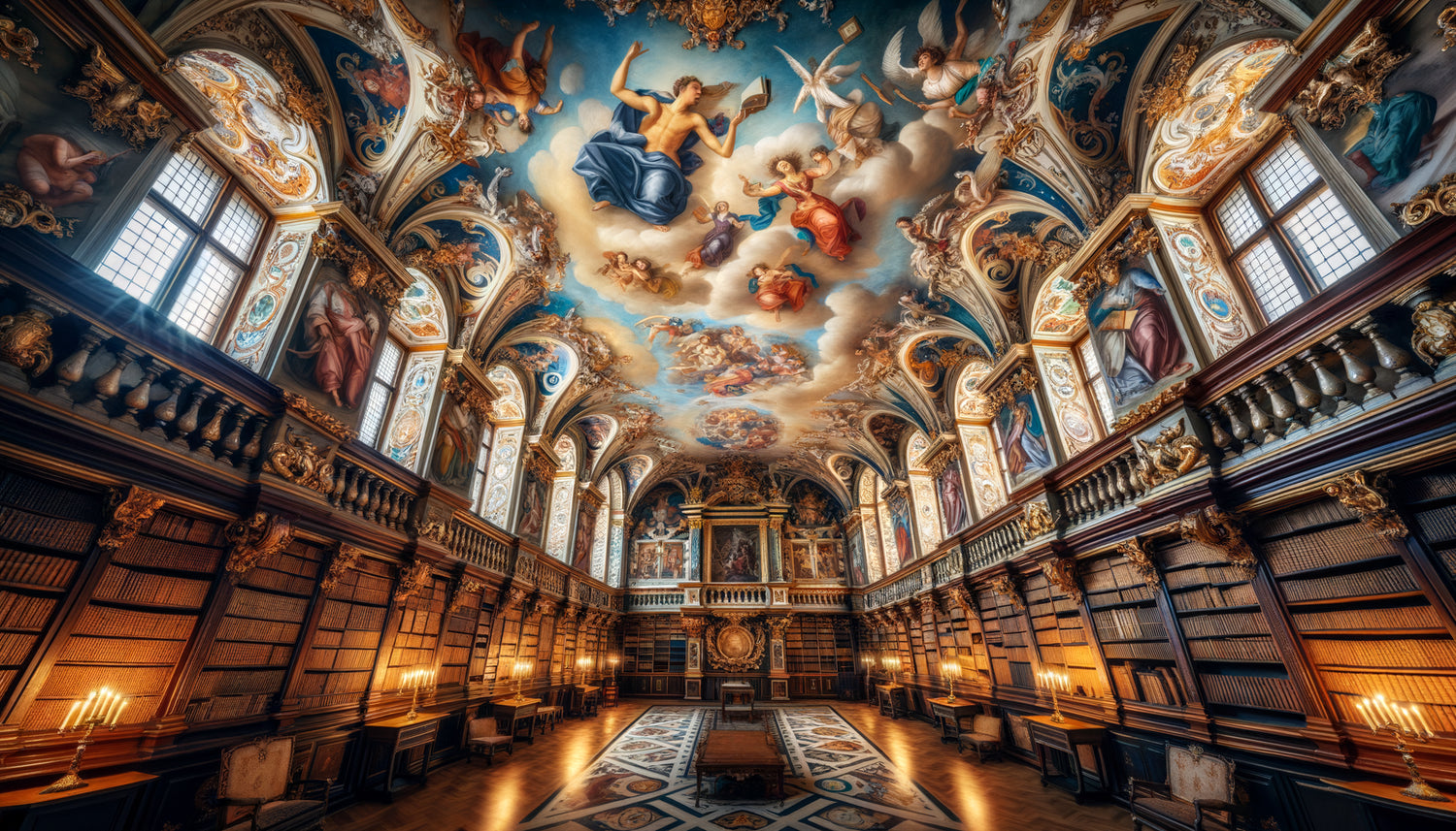 Voûte de bibliothèque Renaissance avec frise narrative peinte représentant allégories du savoir et figures classiques