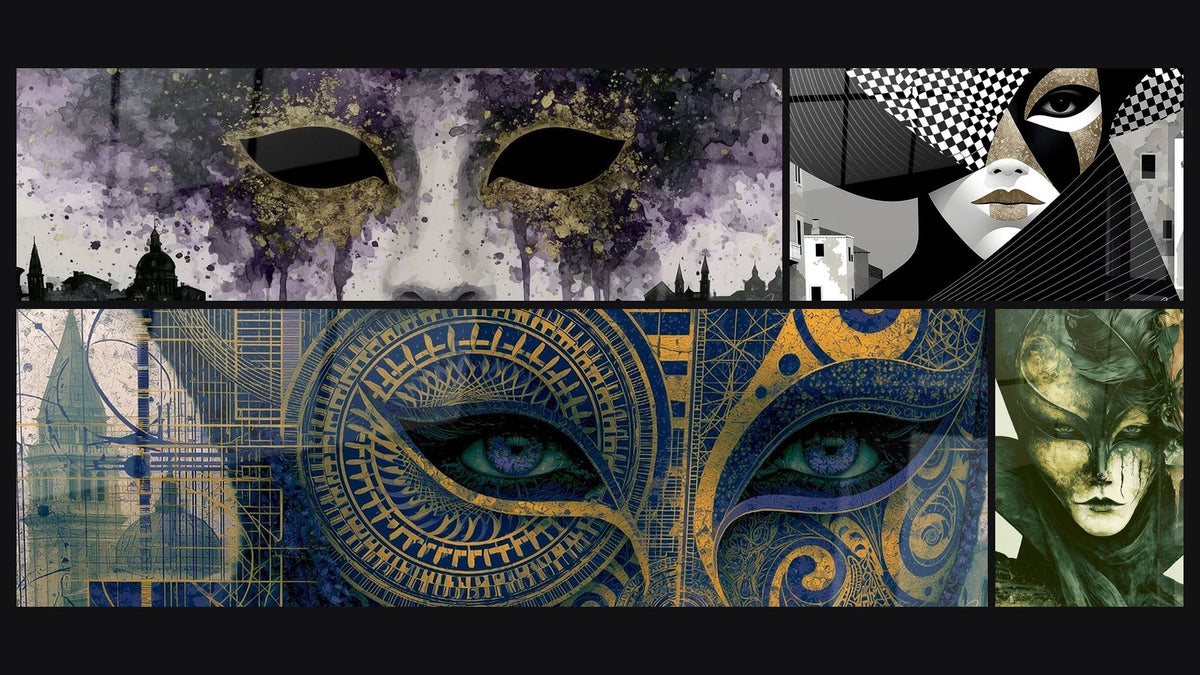 Mosaico di quattro quadri, tra cui Volto nero e dorato a scacchi sospeso